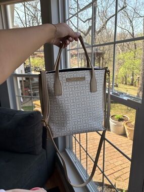 Tommy Hilfiger Cream Monogram Mini Tote with Tan Trim crossbody